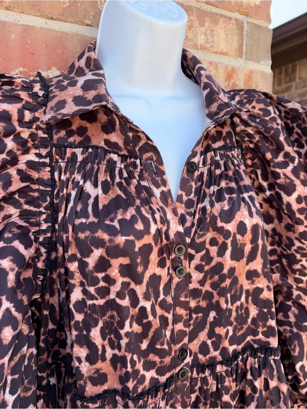 Leopard Print Tiered Mini Dress Puff Sleeve Button Front Babydoll Dress Large - Picture 5 of 8